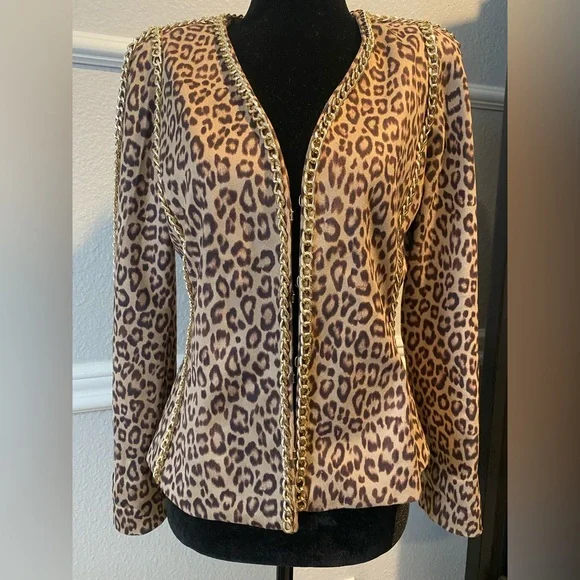 XS Boston Proper leopard faux suede jacket blazer with gold chain trim - Picture 9 of 13
